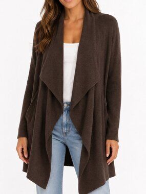 Barefoot Dreams CozyChic Lite Cardigan 1X Java Brown Waterfall Open Front Knit